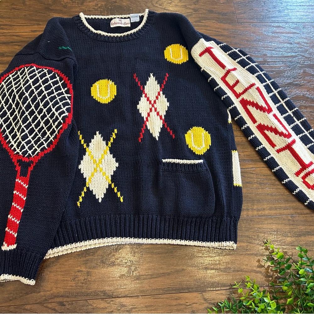 VINTAGE STUNNING Womenโs Redwood & Ross Knit Tennis Sweater Size Medium HTF - Picture 9 of 9